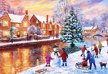 Bourton at Christmas, river, winter, children, houses, xmas, artwork, sleigh, painting, snow, christmas tree HD wallpaper