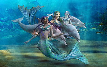 Legends, art, dolphins, water, dgitali, mermaids HD wallpaper