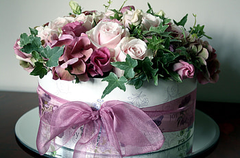 Flowers, Roses, Box, Bow, Hydrangea, Lisianthus Russell, Lisiantus Russell HD wallpaper