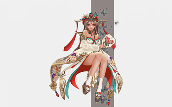 Fantasy Girl, Hand fan, Girl, Beauty, Red HD wallpaper
