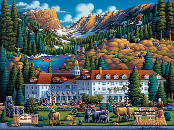 Rocky Mountain National Park by Eric Dowdle, deer, trees, building, mountains, people, lake, bears, boat, artwork, painting HD wallpaper