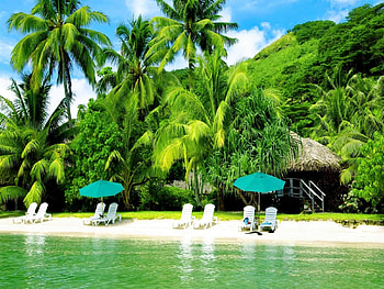 Tropical summer, island, sand, tropical, beach, holiday, reflection, bright, water, ocean, palm trees, palms, sea, bungalow, tropics, exotic, sun bed, mountain, cabin, summer, emerald, rest, green, hut, clouds, nature, sky, cottage HD wallpaper