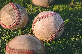 Close-up of multiple baseballs lying on a grassy field in bright sunlight. HD wallpaper