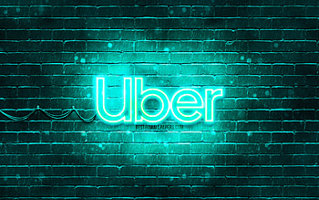 Uber turquoise logo, , turquoise brickwall, Uber logo, brands, Uber neon logo, Uber HD wallpaper