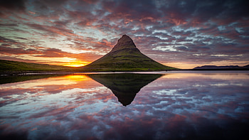 Landscape View Of Greenery Rock Mountain Under Black Clouds Blue Sky During Sunset Reflection On Lake Nature HD wallpaper