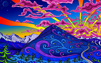 Colorful sky above the mountain, blue, colorful, morning, art, mountain, purple, pink, abstract, yellow, texture, sky, sun HD wallpaper