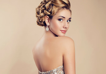 Beauty, makeup, profile, jewelry, dress, woman, back, fashion, earrings, hair HD wallpaper