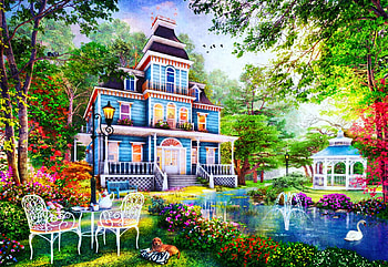 American Victorian, dog, table, chairs, house, gazebo, garden, trees, pond, swan HD wallpaper
