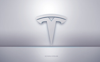Tesla 3d white logo, gray background, Tesla logo, creative 3d art, Tesla, 3d emblem HD wallpaper