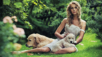 Blonde Beautiful Girl Model Is Sitting On Grass With Dog And Puppy Wearing White Dress Girls HD wallpaper