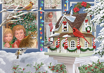A New Home for The Birds, snow, winter, birds, christmas, cat, home, candy HD wallpaper