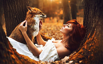 Redhead Girl With Fox, redhead, girls, fox, animals HD wallpaper