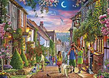 Spring night, night, painting, moon, art, pictura, luna, spring, walk, street HD wallpaper