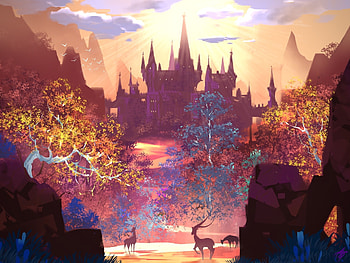 Castle, fantasy, art, allen song, deer, luminos, sunset HD wallpaper