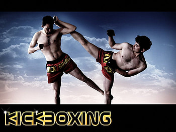 kickboxing, blue sky, clouds, kicking, gloves, people, shorts HD wallpaper