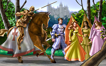 fairy tale, horse, knight, castle, forest, damsel HD wallpaper