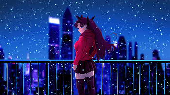 Winter Anime Girl Snowy Night City Scene, winter, anime-girl, snow, night, city, artist, artwork, art, digital-art, pixiv HD wallpaper