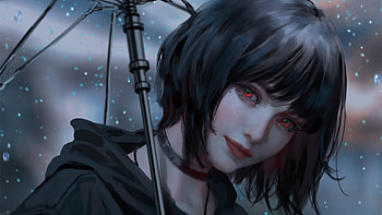 Red Eyes Short Hair Anime Girl Under Umbrella With Black Dress Anime Girl HD wallpaper