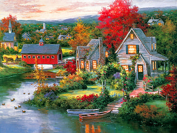 Summer countryside, river, covered, colorful, creek, peaceful, spring, houses, serenity, quiet, reflection, painting, trees, cabin, summer, view, bridge, sky, cottgae, calmness, village, countryside, stream HD wallpaper