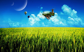 Spring Fantasy, blue sky, windmill, balloons, wheat field, moon, clouds HD wallpaper