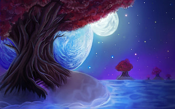 Fantasy, night, blue, art, stars, tree, pink, painting, moon, sky, water HD wallpaper