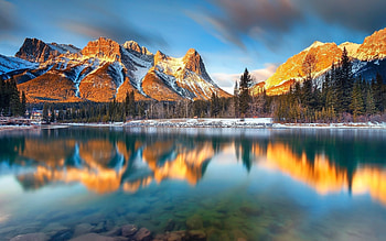 Canmore Lake, Alberta, in late Winter, reflections, snow, clouds, Mountains, sky, canada, water HD wallpaper