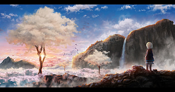 Spring, blue, white, girl, tree, anime, flower, akky, manga, cloud HD wallpaper