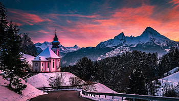 Church Maria Gern, Mount Watzmann - Bavarian Alps, winter, snow, landscape, colors, germany, sky, alps, sunset HD wallpaper