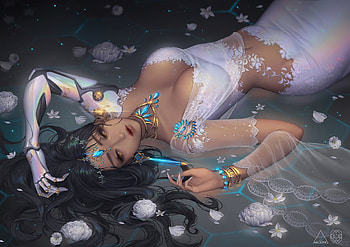 Wedding dress ~ Symmetra, blue, white, frumusete, girl, lovecacao yunjeong, symmetra, dress, fantasy, wedding, flower, luminos, water HD wallpaper