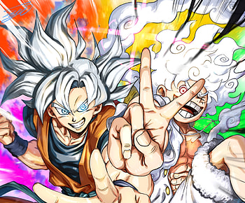 Goku & Luffy, Anime, crossover, Goku, Monkey D. Luffy, Gear 5 (One Piece) HD wallpaper