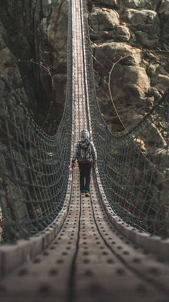 Rocks, Miscellanea, Miscellaneous, Bridge, Human, Person, Rope Bridge, Cable Bridge HD phone wallpaper