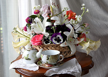 Flowers, Roses, Pansies, Lilies, Table, Basket, Tea HD wallpaper