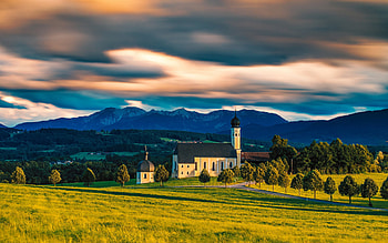 Irschenberg, church, evening, sunset, Bavarian Alps, mountain landscape, Germany HD wallpaper