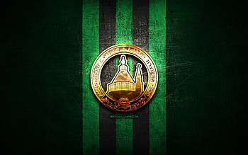Maccabi Ahi Nazareth FC, golden logo, Leumit League, green metal background, football, Israeli football club, Maccabi Ahi Nazareth logo, soccer, Maccabi Ahi Nazareth HD wallpaper