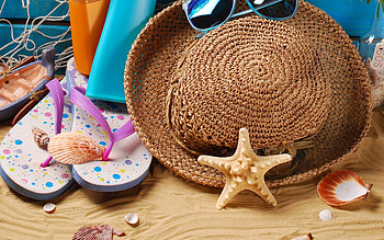 Summer vacation, Beach, Hat, Sunglass, Starfish, Flip-flops HD wallpaper