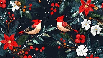 Festive Birds: A Ultra Delight, bird, flower, foliage, floral pattern HD wallpaper