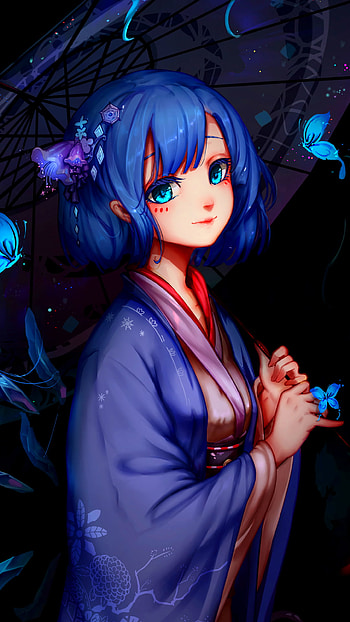 Cirno — Aqua-Eyed Kimono, Butterfly Umbrella, blue hair, aqua eyes, short hair, butterfly, umbrella, kimono, Anime, Touhou HD phone wallpaper