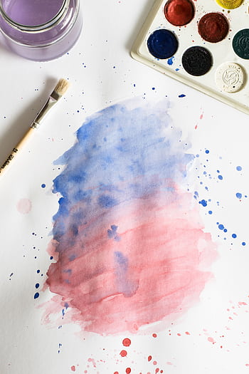 Vibrant watercolor painting with blue and red gradient, brush, and palette. HD phone wallpaper