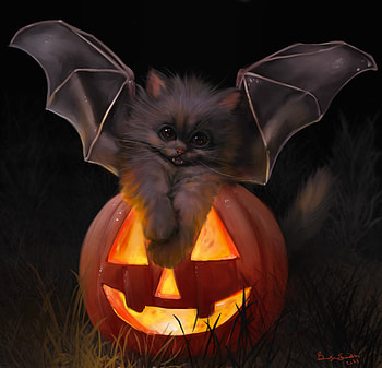Happy Halloween!, kitten, wings, night, black, brooklyn smith, art, cute, bat, cat, orange, halloween, pisici, fantasy, pumpkin HD wallpaper