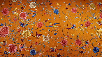 Texture, blue, bird, flower, fabric, red, orange HD wallpaper
