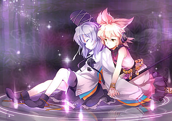 touhou, magic, gils, purple hair, red eyes, aqua, pink hair, dress, purple, short hair, blush HD wallpaper