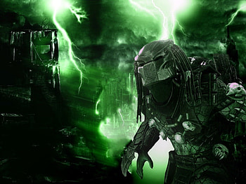 the predator, buildings, lightning, alien, skulls HD wallpaper
