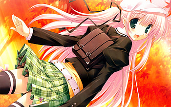 Hurry up, skirt, ribbon, cute, kawai, girl, pink hair, anime, thighhighs, ikegami akane, green eyes, hat HD wallpaper