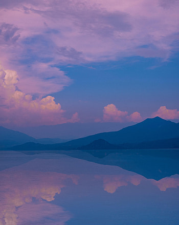 Landscape, Nature, Mountains, Clouds, Violet, Lake, Reflection, Purple HD phone wallpaper