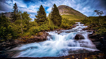 Romsdalen, Norway, clouds, landscape, trees, cascades, sky, water, rocks, mountain HD wallpaper