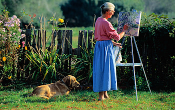 Grass, Miscellanea, Miscellaneous, Dog, Drawing, , Relaxation, Rest, Painting, Canvas, Elderly, Female, Woman, Mature HD wallpaper