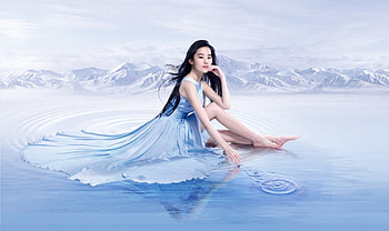 LIU YIFEI, DARK BRUNTTE, BLUE DRESS, REFLECTION, CHINESE AMERICAN, PICTUED ON A SET HD wallpaper
