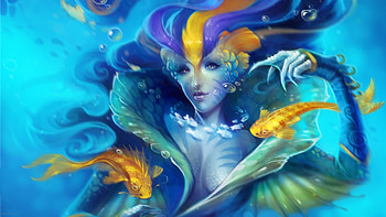 Mermaid, face, underwater, fish, water, blue, art, gurl, summer, fantasy, pesti, yellow, vara HD wallpaper