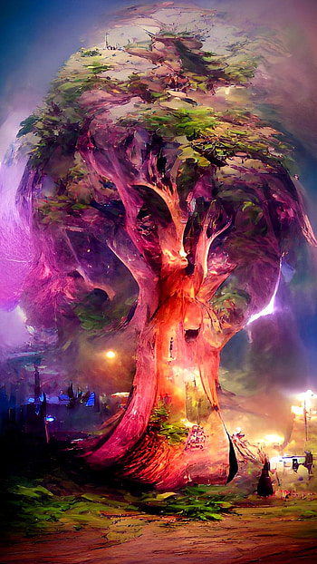Magic Tree, sky, art, forest, pink, PoeticDreamz, fantasy, woods, abstract, trees HD phone wallpaper