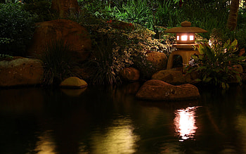 Nature, Stones, Night, Reflection, Shine, Light, Vegetation, Lamp, Lantern, Pond, China HD wallpaper
